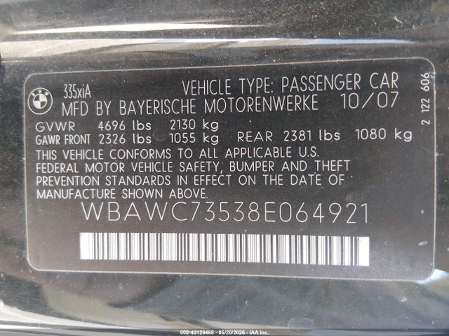 Продаж на аукціоні авто 2008 Bmw 335xi, vin: WBAWC73538E064921, номер лоту: 45129468