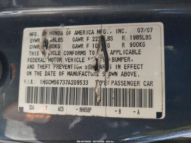 2007 Honda Accord 2.4 Ex მანქანა იყიდება აუქციონზე, vin: 1HGCM56737A209533, აუქციონის ნომერი: 45129482