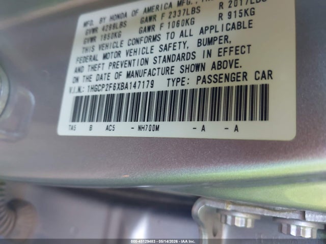 Aukcja sprzedaży 2011 Honda Accord 2.4 Se, vin: 1HGCP2F6XBA147179, numer aukcji: 45129483