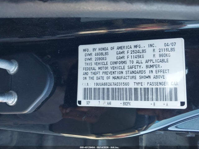2007 Acura Tl 3.2 მანქანა იყიდება აუქციონზე, vin: 19UUA66247A031560, აუქციონის ნომერი: 45129484