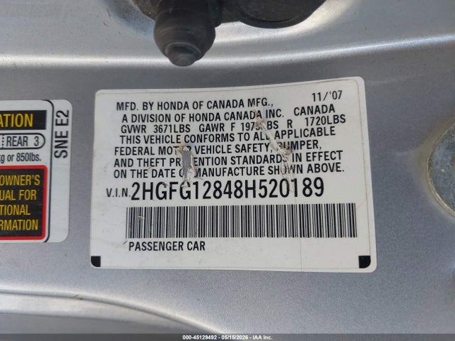 Aukcja sprzedaży 2008 Honda Civic Ex, vin: 2HGFG12848H520189, numer aukcji: 45129492