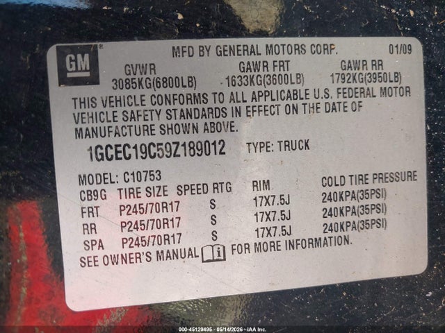 45129495 :رقم المزاد ، 1GCEC19C59Z189012 vin ، 2009 Chevrolet Silverado 1500 Ls مزاد بيع