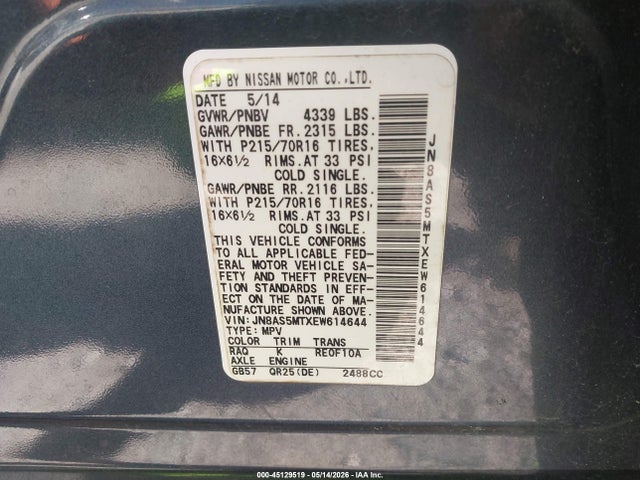 Продаж на аукціоні авто 2014 Nissan Rogue Select S, vin: JN8AS5MTXEW614644, номер лоту: 45129519