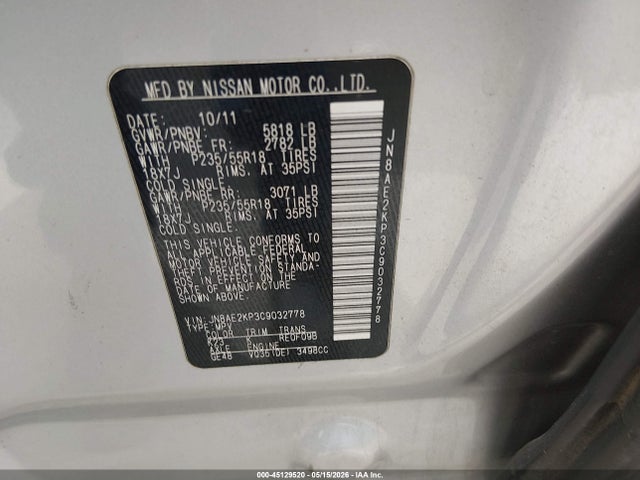 Продажа на аукционе авто 2012 Nissan Quest Sl, vin: JN8AE2KP3C9032778, номер лота: 45129520