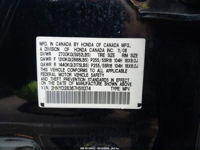45129522 :رقم المزاد ، 2HNYD28367H511374 vin ، 2007 Acura Mdx Technology Package مزاد بيع