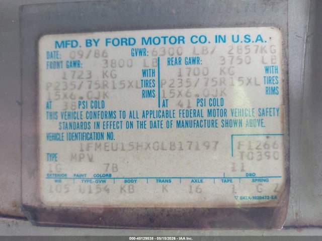 45129538 :رقم المزاد ، 1FMEU15HXGLB17197 vin ، 1986 Ford Bronco U100 مزاد بيع