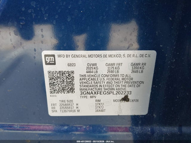 Aukcja sprzedaży 2023 Chevrolet Equinox Fwd 1fl, vin: 3GNAXFEG5PL202233, numer aukcji: 45129552
