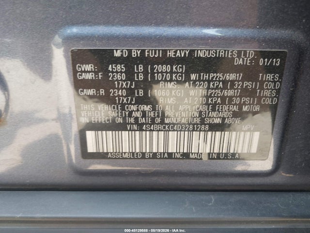 Aukcja sprzedaży 2013 Subaru Outback 2.5i Limited, vin: 4S4BRCKC4D3281288, numer aukcji: 45129588