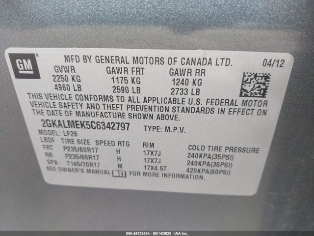 45129594 :رقم المزاد ، 2GKALMEK5C6342797 vin ، 2012 Gmc Terrain Sle-1 مزاد بيع