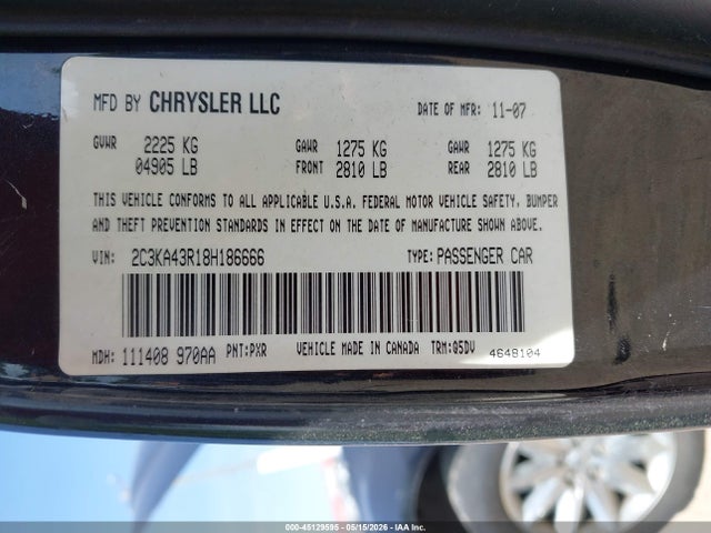 Продажа на аукционе авто 2008 Chrysler 300 Lx, vin: 2C3KA43R18H186666, номер лота: 45129595