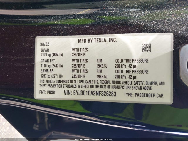 Tesla Model 3 Rear-wheel Drive 2022 5YJ3E1EA2NF326283 Image 9