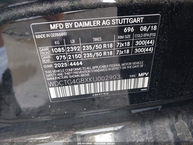 Aukcja sprzedaży 2019 Mercedes-benz Gla 250 4matic, vin: WDCTG4GBXKU002903, numer aukcji: 45129608