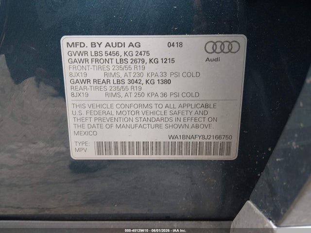 2018 Audi Q5 2.0t Premium/2.0t Tech Premium მანქანა იყიდება აუქციონზე, vin: WA1BNAFY8J2166750, აუქციონის ნომერი: 45129610