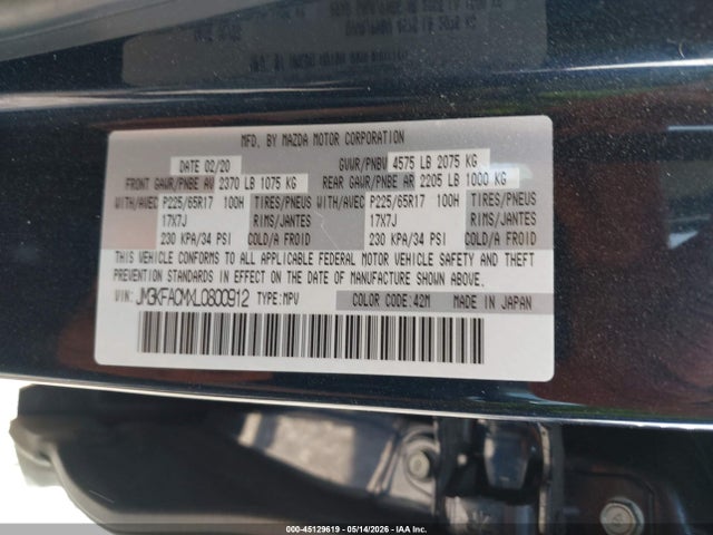 Продаж на аукціоні авто 2020 Mazda Cx-5 Touring, vin: JM3KFACMXL0800912, номер лоту: 45129619