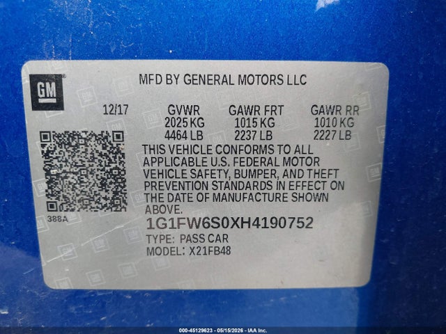 45129623 :رقم المزاد ، 1G1FW6S0XH4190752 vin ، 2017 Chevrolet Bolt Ev Lt مزاد بيع