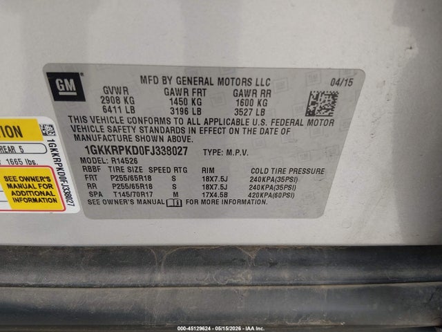 Продажа на аукционе авто 2015 Gmc Acadia Sle-2, vin: 1GKKRPKD0FJ338027, номер лота: 45129624