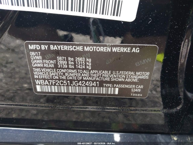 2018 Bmw Alpina B7 Xdrive მანქანა იყიდება აუქციონზე, vin: WBA7F2C51JG424941, აუქციონის ნომერი: 45129627