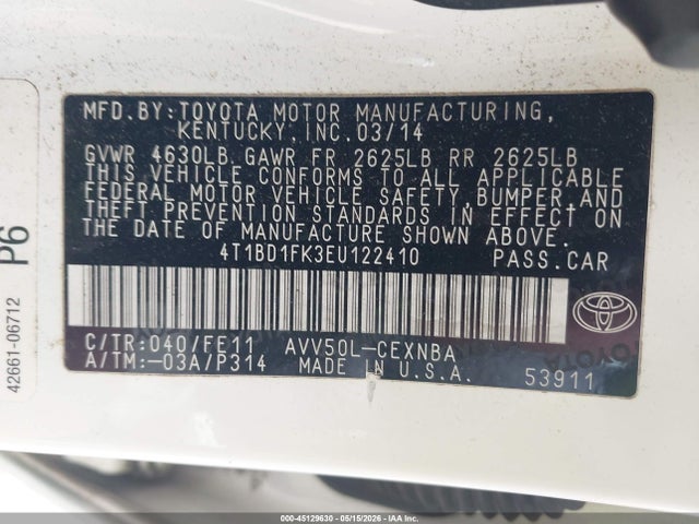 Aukcja sprzedaży 2014 Toyota Camry Hybrid Le, vin: 4T1BD1FK3EU122410, numer aukcji: 45129630