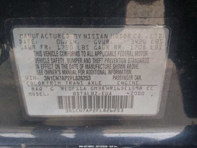 45129652 :رقم المزاد ، 3N1CN7AP2FL826253 vin ، 2015 Nissan Versa 1.6 Sv مزاد بيع
