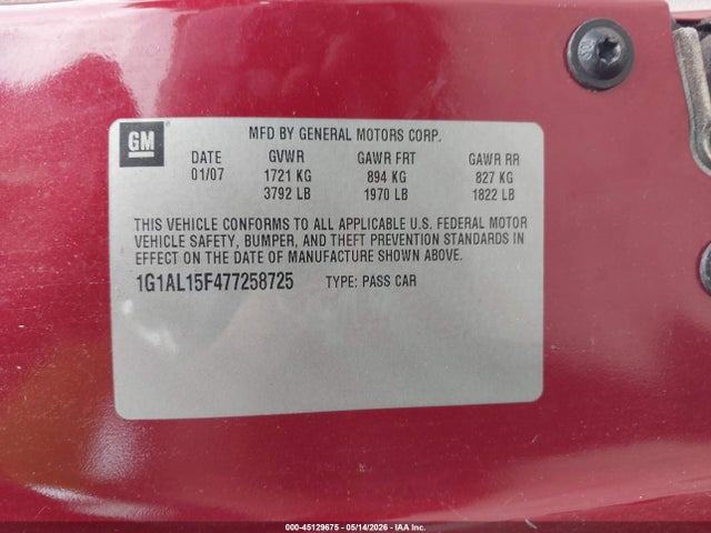 Aukcja sprzedaży 2007 Chevrolet Cobalt Lt, vin: 1G1AL15F477258725, numer aukcji: 45129675
