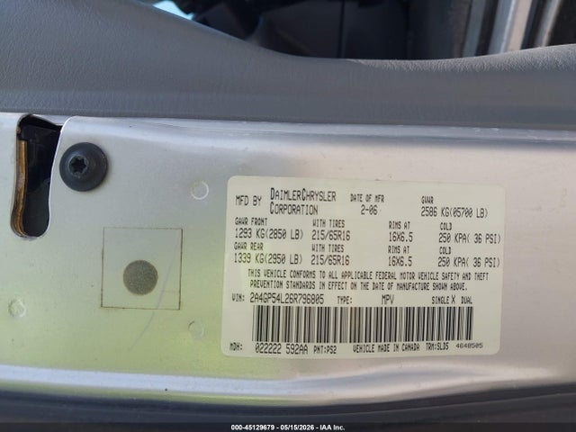 Продажа на аукционе авто 2006 Chrysler Town & Country Touring, vin: 2A4GP54L26R796805, номер лота: 45129679