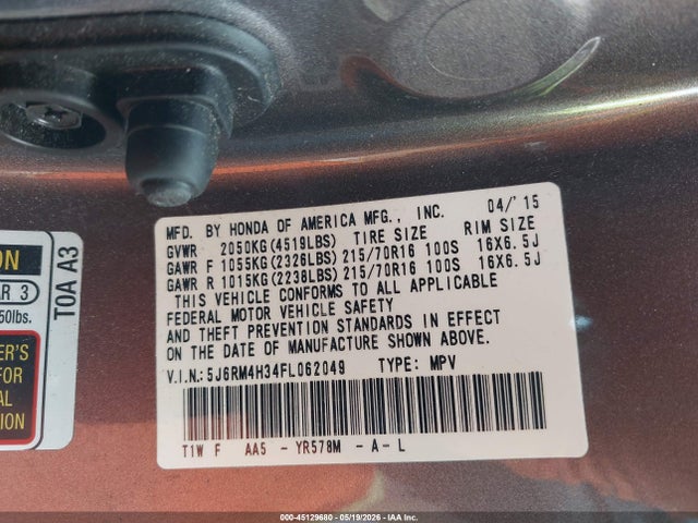 Aukcja sprzedaży 2015 Honda Cr-v Lx, vin: 5J6RM4H34FL062049, numer aukcji: 45129680