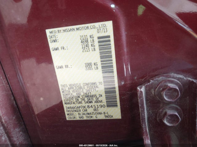 Aukcja sprzedaży 2013 Nissan Maxima 3.5 Sv, vin: 1N4AA5AP7DC845190, numer aukcji: 45129681