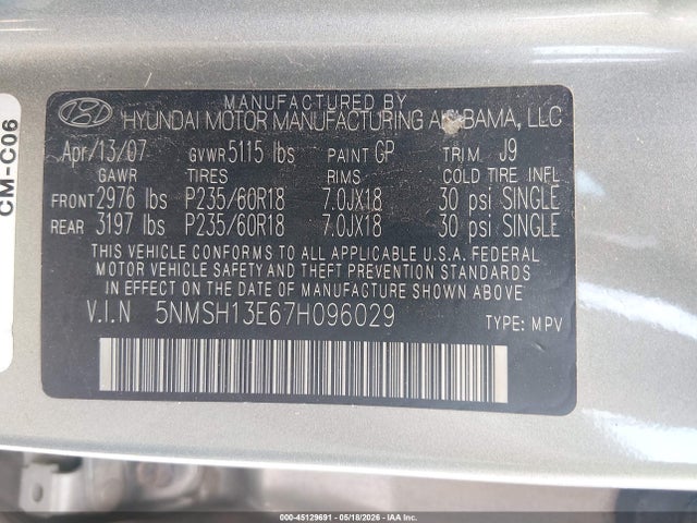 45129691 :رقم المزاد ، 5NMSH13E67H096029 vin ، 2007 Hyundai Santa Fe Limited/se مزاد بيع