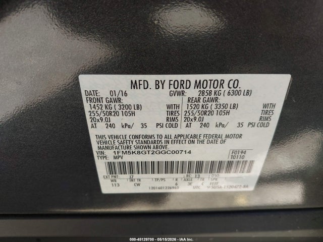 Продаж на аукціоні авто 2016 Ford Explorer Sport, vin: 1FM5K8GT2GGC00714, номер лоту: 45129700
