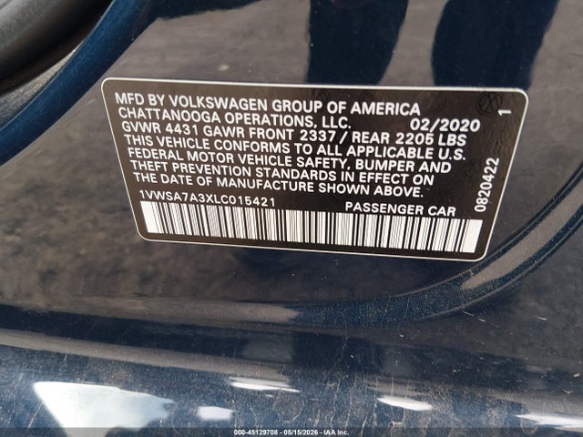 45129708 :رقم المزاد ، 1VWSA7A3XLC015421 vin ، 2020 Volkswagen Passat 2.0t Se مزاد بيع