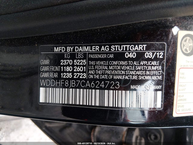 45129710 :رقم المزاد ، WDDHF8JB7CA624723 vin ، 2012 Mercedes-benz E 350 4matic مزاد بيع