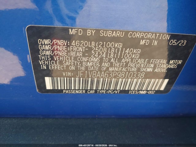 45129716 :رقم المزاد ، JF1VBAA63P9810338 vin ، 2023 Subaru Wrx مزاد بيع