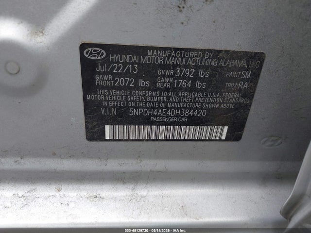 45129730 :رقم المزاد ، 5NPDH4AE4DH384420 vin ، 2013 Hyundai Elantra Limited مزاد بيع