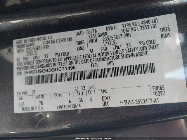 Продажа на аукционе авто 2016 Ford Escape Se, vin: 1FMCU9G93GUC71496, номер лота: 45129743