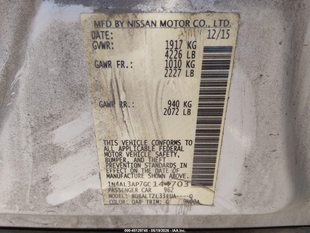 2016 Nissan Altima 2.5 Sl მანქანა იყიდება აუქციონზე, vin: 1N4AL3AP7GC144703, აუქციონის ნომერი: 45129748