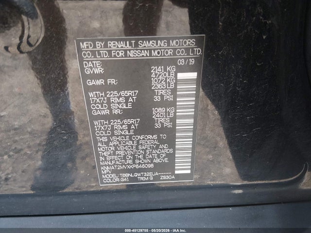 45129755 :رقم المزاد ، KNMAT2MVXKP546098 vin ، 2019 Nissan Rogue Sv مزاد بيع