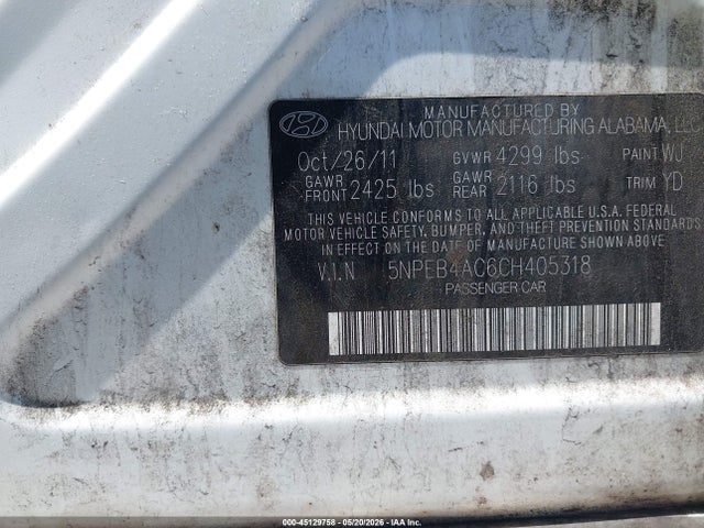 Aukcja sprzedaży 2012 Hyundai Sonata Gls, vin: 5NPEB4AC6CH405318, numer aukcji: 45129758