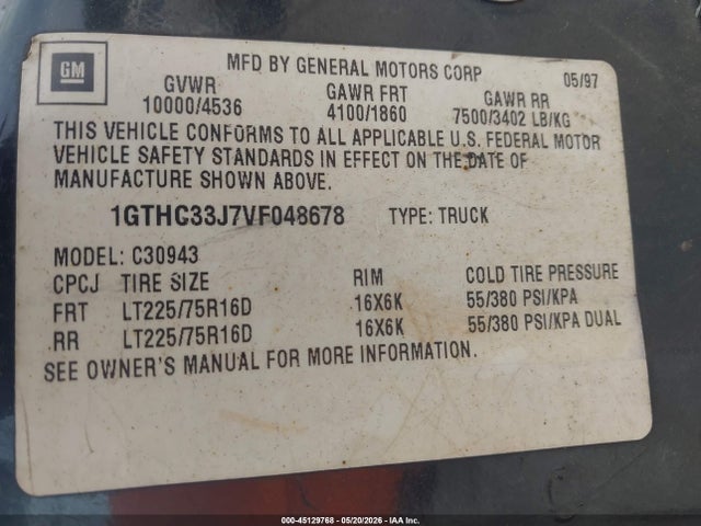 Aukcja sprzedaży 1997 Gmc Sierra 3500 Hd Sl, vin: 1GTHC33J7VF048678, numer aukcji: 45129768