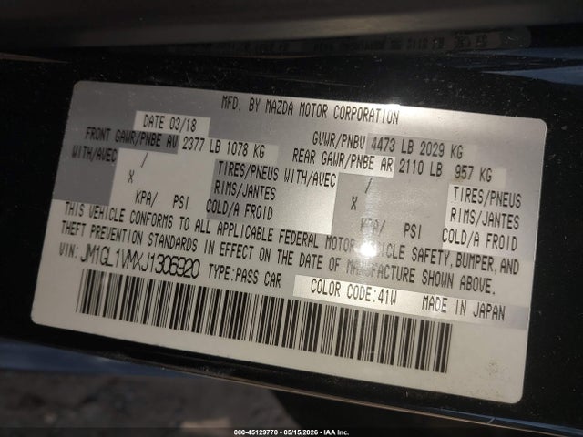 Aukcja sprzedaży 2018 Mazda Mazda6 Touring, vin: JM1GL1VMXJ1306920, numer aukcji: 45129770