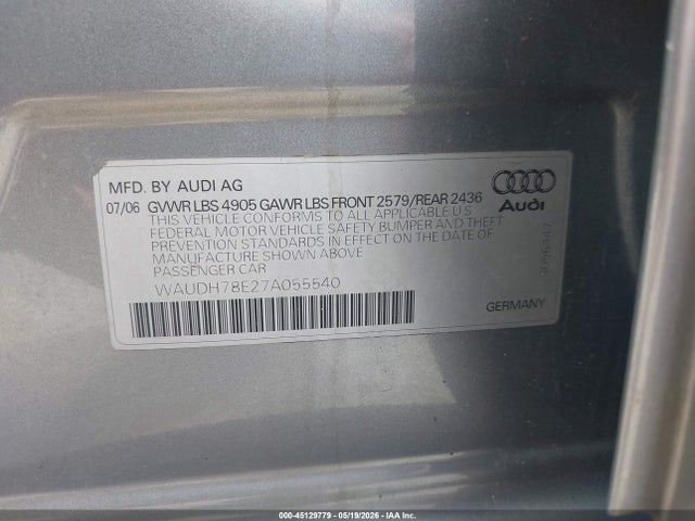 Aukcja sprzedaży 2007 Audi A4 3.2, vin: WAUDH78E27A055540, numer aukcji: 45129779