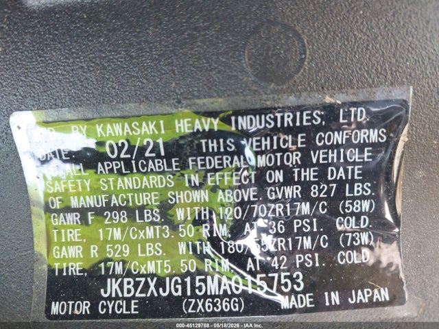 2021 Kawasaki Zx636 K მანქანა იყიდება აუქციონზე, vin: JKBZXJG15MA015753, აუქციონის ნომერი: 45129788