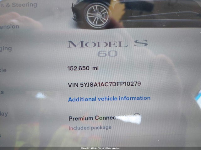 2013 Tesla Model S მანქანა იყიდება აუქციონზე, vin: 5YJSA1AC7DFP10279, აუქციონის ნომერი: 45129799