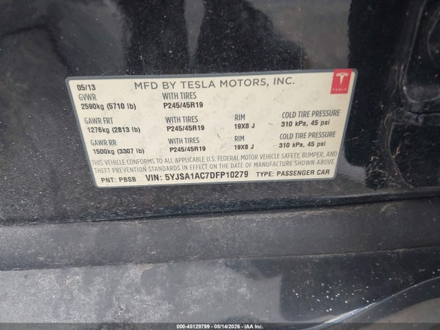 2013 Tesla Model S მანქანა იყიდება აუქციონზე, vin: 5YJSA1AC7DFP10279, აუქციონის ნომერი: 45129799