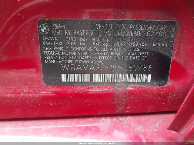 45129816 :رقم المزاد ، WBAVA37518NL50786 vin ، 2008 Bmw 328i مزاد بيع