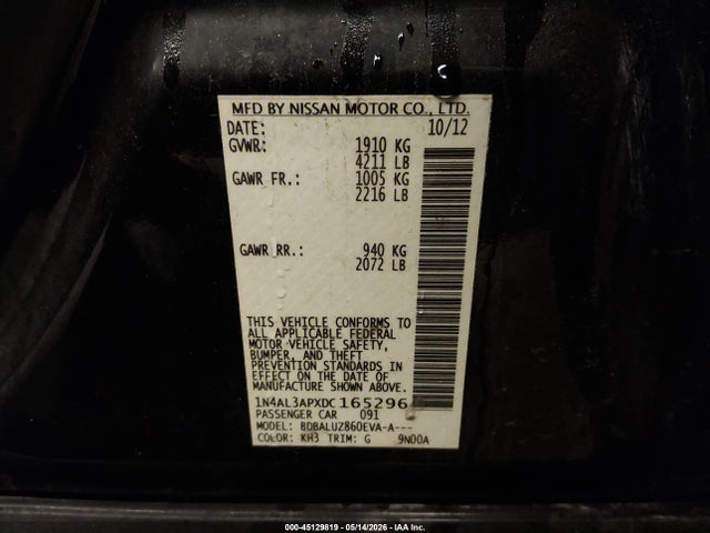 2013 Nissan Altima 2.5 Sv მანქანა იყიდება აუქციონზე, vin: 1N4AL3APXDC165296, აუქციონის ნომერი: 45129819
