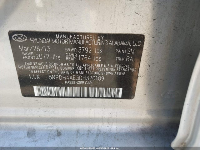 Продажа на аукционе авто 2013 Hyundai Elantra Gls, vin: 5NPDH4AE3DH320109, номер лота: 45129822