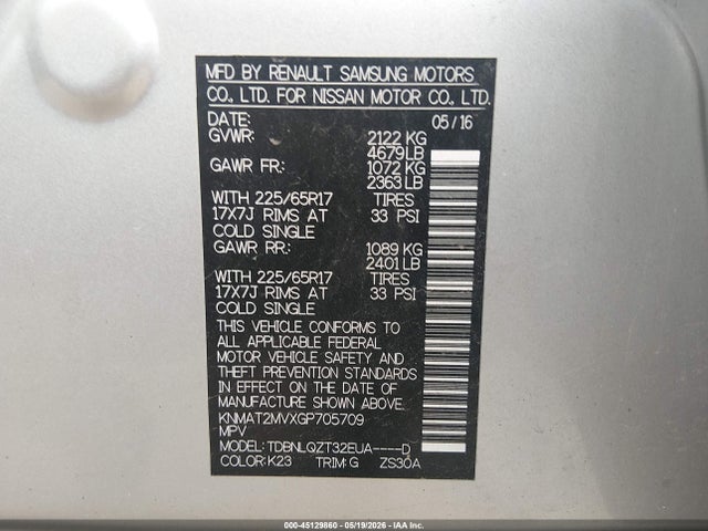 2016 Nissan Rogue S/sl/sv მანქანა იყიდება აუქციონზე, vin: KNMAT2MVXGP705709, აუქციონის ნომერი: 45129860