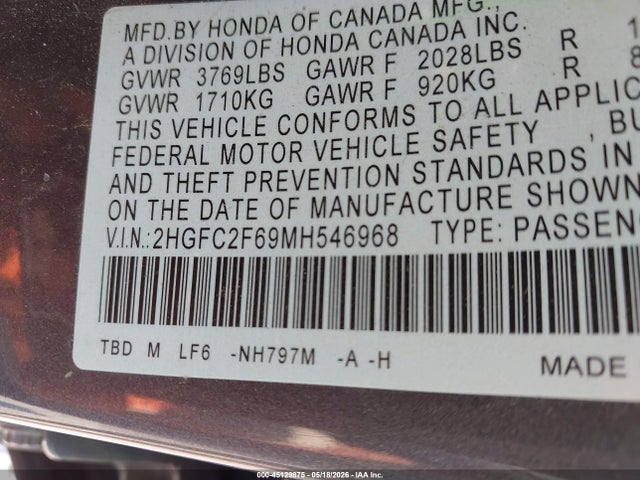 45129875 :رقم المزاد ، 2HGFC2F69MH546968 vin ، 2021 Honda Civic Lx مزاد بيع