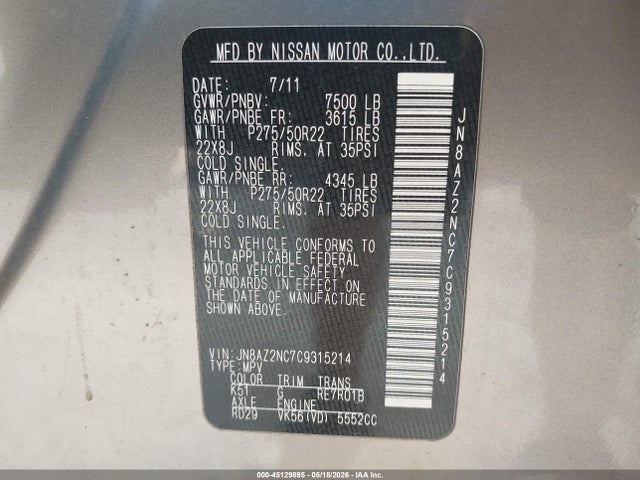 45129895 :رقم المزاد ، JN8AZ2NC7C9315214 vin ، 2012 Infiniti Qx56 مزاد بيع