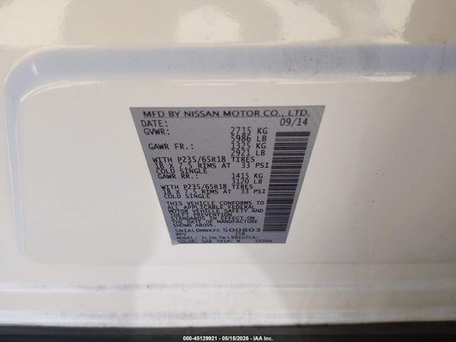 45129921 :رقم المزاد ، 5N1AL0MNXFC500803 vin ، 2015 Infiniti Qx60 مزاد بيع